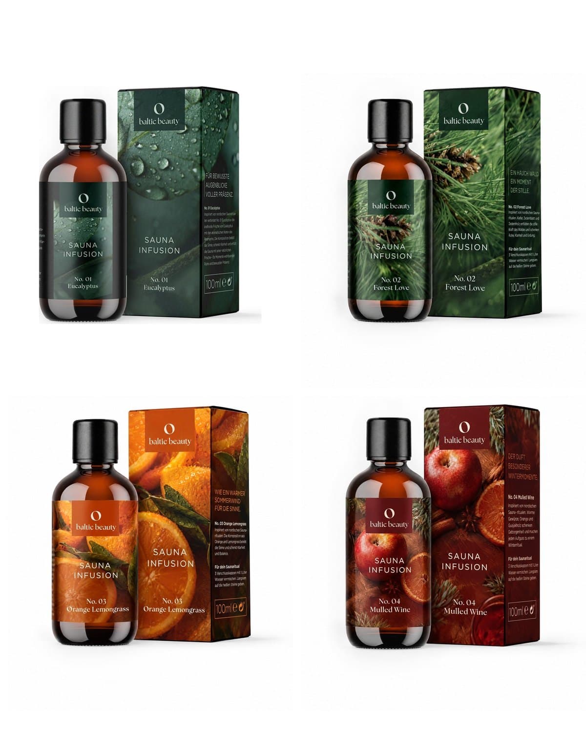 Sauna Infusion No. 01 bis No. 04 – Flaschen mit Faltschachteln